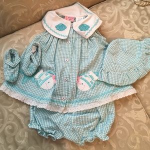 Cradle Togs NWT Vintage 4PC Blue & White Gingham Dress Sz 12 Mo. Sea Applique -